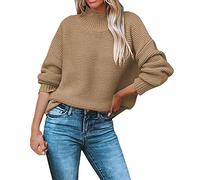 Womens Comfortable Plain Sweaters Tops Ladies Fall Winter Wool Knit Solid Color Round Neck High Neck Loose Version Suitable for Daily Work Wear to Party Wear Time Casual for (Khaki, XXL)