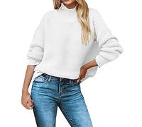 Womens Comfortable Plain Sweaters Tops Ladies Fall Winter Wool Knit Solid Color Round Neck High Neck Loose Version Suitable for Daily Work Wear to Party Wear Time Casual for (White, XXL)