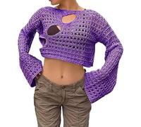 Womens Comfortable Plain Sweaters Tops Women Hollow Out Long Sleeve Crochet Knitted Short Sexy Transparent Fishnet Top for Outdoor Xmas Gifts (Purple, L)