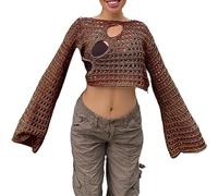 Womens Comfortable Plain Sweaters Tops Women Hollow Out Long Sleeve Crochet Knitted Short Sexy Transparent Fishnet Top for Outdoor Xmas Gifts (Brown, M)
