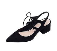 Womens Comfortable Platform Low Heel Sandals Women's Pointed Shallow Lace Thick Heel Sandals Black Suede Back Roman Toe Post Women Red Womens Sandles Size 6 (Black,5.5)