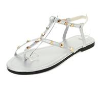 Women's Comfortable Rhinestone Gladiator Sandals Flat Open Toe Roman Shoes Adjustable T-Strap Summer Daily Wear Walking Shoes Vacation Flip Flops,Silver,4.5 UK