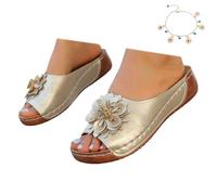 Women's Comfortable Summer Slippers, Open Slip on House Shoes with Flower Decoration, Lightweight Casual Shoes with Hollow Out Design for Beach Vacation Daily Wear with Anklet,Gold,6.5 UK