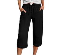 Women's Comfortable Trousers Linen Cropped Trousers Summer Elasticated High Waist Relax Fit Ladies 3/4 Length Straight Wide Leg Trouser Casual Everyday Soft Lightweight Plain Three Quarter Pants S-XXL