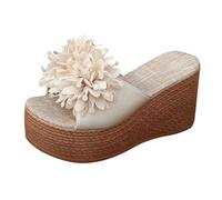 Womens Comfortable Wide Fit Platform Sandals Women's Summer Decorated Sandals Platform Beach Casual Rainbow Sliders Girls Size 1 White Slippers Ladies (Beige,9)