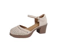 Women's Comfy Ankle Strap Block Heel Shoes Women's Chunky Heel Temperament Roman Hollow Out Middle Package Toe Side Buckle Chunky Sandals Strappy Sandals Silver Sandels for (Beige,6.5)