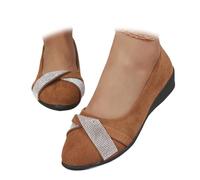 Women's Comfy Elastic Crisscross Strap Wedge Slip-On Shoes, Womens Ballerina Ankle Elastic Crossing Strap Round Toe Comfy Pump (Rhinestones-Brown,5)
