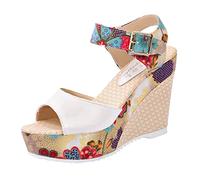 Women's Comfy Extra Wide Fit Flatform Sandals Sandal Sandals Platform Heels Lace Mouth National Printing High Women Slope Unpositioned Soft for White Womens Sandles (White,6)