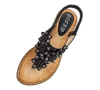 Womens Comfy Wide Fit Flat Sandals Women's Spring and Summer Beads Fashion Flat Sandals Sandal Toe Tights for Women Tan Walking 7 (Black,4.5)