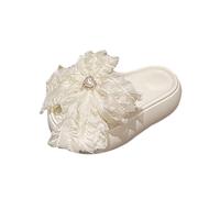 Womens Comfy Wide Fit Flat Sandals Women's Thick Sandals Pearl Heart Bow Soft And Non Outdoor Beach Slippers Comfortable Sliders Size 4 Black Slippers Women Summer Beach (Beige,3.5)