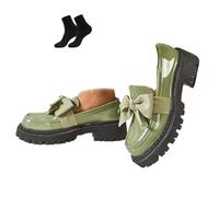 Womens Comfy Wide Slip-On Penny Loafers with Bow, Fashion Solid Chunky Platform Loafers for Women, Leather Round Toe Non-Slip Lightweight Business Office Walking Shoes (Green,39EU)