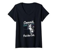 Women's Commit Push Pet The Cat Coding Cat Humor V-Neck T-Shirt