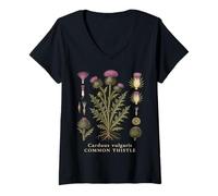Women's Common Thistle Botanical Anatomy Vintage Nature Study V-Neck T-Shirt