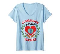 Womens Compassion Has No Borders Earth Heart Peace Graphic V-Neck T-Shirt