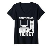 Women's Computer Don't Panic Submit A Ticket Funny Science Coder V-Neck T-Shirt