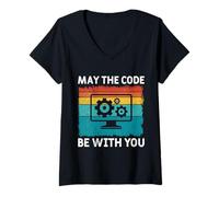 Womens Computer May The Code BE with You Funny Computer Science V-Neck T-Shirt