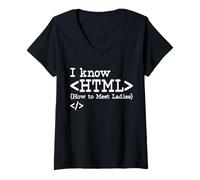 Womens Computer Nerd Funny I Know HTML How to Meet Ladies V-Neck T-Shirt
