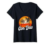 Womens Con Dao Retro Sunset Design Vietnamese Beach V-Neck T-Shirt