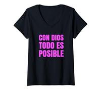 Women's Con Dios Todo ES Posible Bibia Espanol Spanish Rosa Catolica V-Neck T-Shirt
