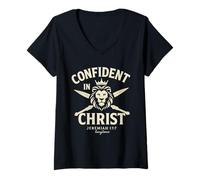 Womens Confident in Christ, Bold Faith with Lion Faith V-Neck T-Shirt