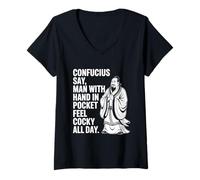 Womens Confucius Say Man with Hand in Pocket Feel Cocky All Day V-Neck T-Shirt