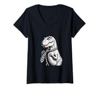 Womens Confused Dinosaur T-Rex trying a tie Ironic Sarcastic V-Neck T-Shirt