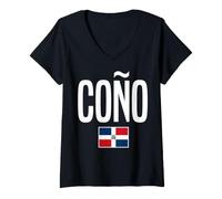 Women's CONO Dominican Slang Distressed Typography Flag V-Neck T-Shirt