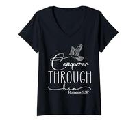 Women's Conqueror Through God Jesus Romans 8:37 Faith Empowerment V-Neck T-Shirt