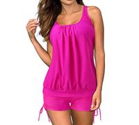 Women's Conservative Blouson Tankini Set, Loose Fit Tummy Control Swim Top with Drawstring Boyshorts, Modest Two-Piece Bathing Suit for Beach & Pool Hot Pink