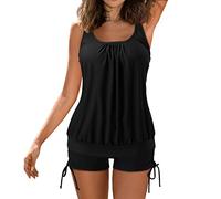 Women's Conservative Blouson Tankini Set, Loose Fit Tummy Control Swim Top with Drawstring Boyshorts, Modest Two-Piece Bathing Suit for Beach & Pool Black
