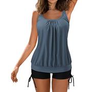 Women's Conservative Blouson Tankini Set, Loose Fit Tummy Control Swim Top with Drawstring Boyshorts, Modest Two-Piece Bathing Suit for Beach & Pool Navy