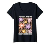 Women's Consider How The Wildflowers Grow Bible Verse Boho Matisse V-Neck T-Shirt