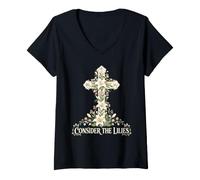Women's Consider The Lilies Christian Floral Cross Luke 12 V-Neck T-Shirt