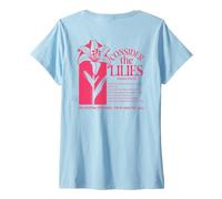 Womens Consider The Lilies Floral Christian Bible Verse Matthew V-Neck T-Shirt
