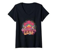 Womens Consider The Lilies Matthew 6:28 Sunburst V-Neck T-Shirt