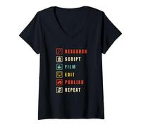 Womens Content Creator Workflow Research Script Film Edit Publish V-Neck T-Shirt
