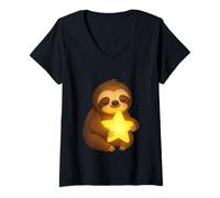 Womens Content Sloth Holding Shining Star Warm Night Illustration V-Neck T-Shirt