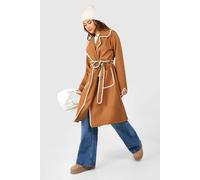 Womens Contrast Blanket Stitch Detail Belted Wool Look Coat - Beige - 8, Beige