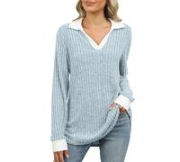 Women's Contrast Collared Shirt - Casual Long Sleeve Ribbed Design, Fall Lightweight Tunic Sweater, Comfortable for Layering or Solo Wear on Cool Days(Light Blue, S)
