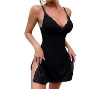 Womens Contrast Lace Backless Split Thigh Cami Nightdress Womens Sexy Night Dress Lace Bow Nightdress V-Neck Full Slip Nightdresses Sleeveless Nightshirts Dress Tank Top Nighties Dresses