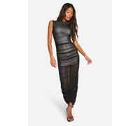 Womens Contrast Mesh Rouched Midi Dress - Black - 14, Black