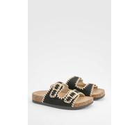 Womens Contrast Stitch Detail Double Buckle Sliders - Black - 4, Black