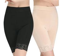 Women's Control Brief Underskirt Long Panties Underwear with Elastic Lace Knickers, Beige / Black, One size