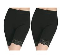 Women's Control Brief Underskirt Long Panties Underwear with Elastic Lace Knickers, Black + Black, One size