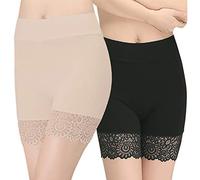 Women's Control Brief Underskirt Long Panties Underwear with Elastic Lace Knickers, Style1 Beige + Black, One size