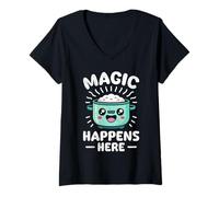Womens Cooking Magic Happens HERE Funny Gastronomy V-Neck T-Shirt