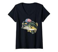 Womens Cool American Flag Fishing - Patriotic Bass Fish Fisherman V-Neck T-Shirt