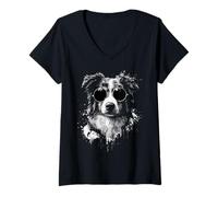 Women's Cool Australian Shepherd Dog with Sunglasses Splash Art V-Neck T-Shirt