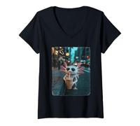 Women's Cool Axolotl Drinking Iced Coffee in City Night V-Neck T-Shirt