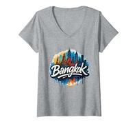 Women's Cool Bangkok Graffiti Street Art Skyline V-Neck T-Shirt